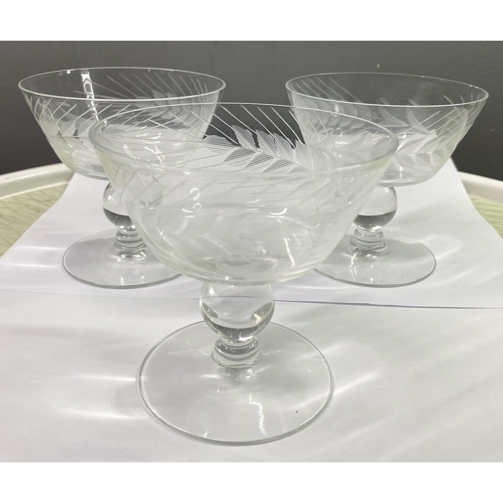 3 Vtg. Libbey Glass Wheat Design Clear Sherbet Dessert Cups Glasses 3.75"‎ Tall